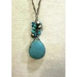 Statement Silver Tone Necklace Aqua Teal Stone? Pear Teardrop Pendant Rhinestone